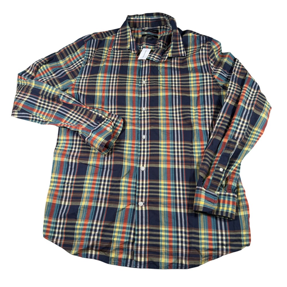 Banana Republic Plaid Shirt Mens Large Navy Orange Untucked Slim Fit NEW